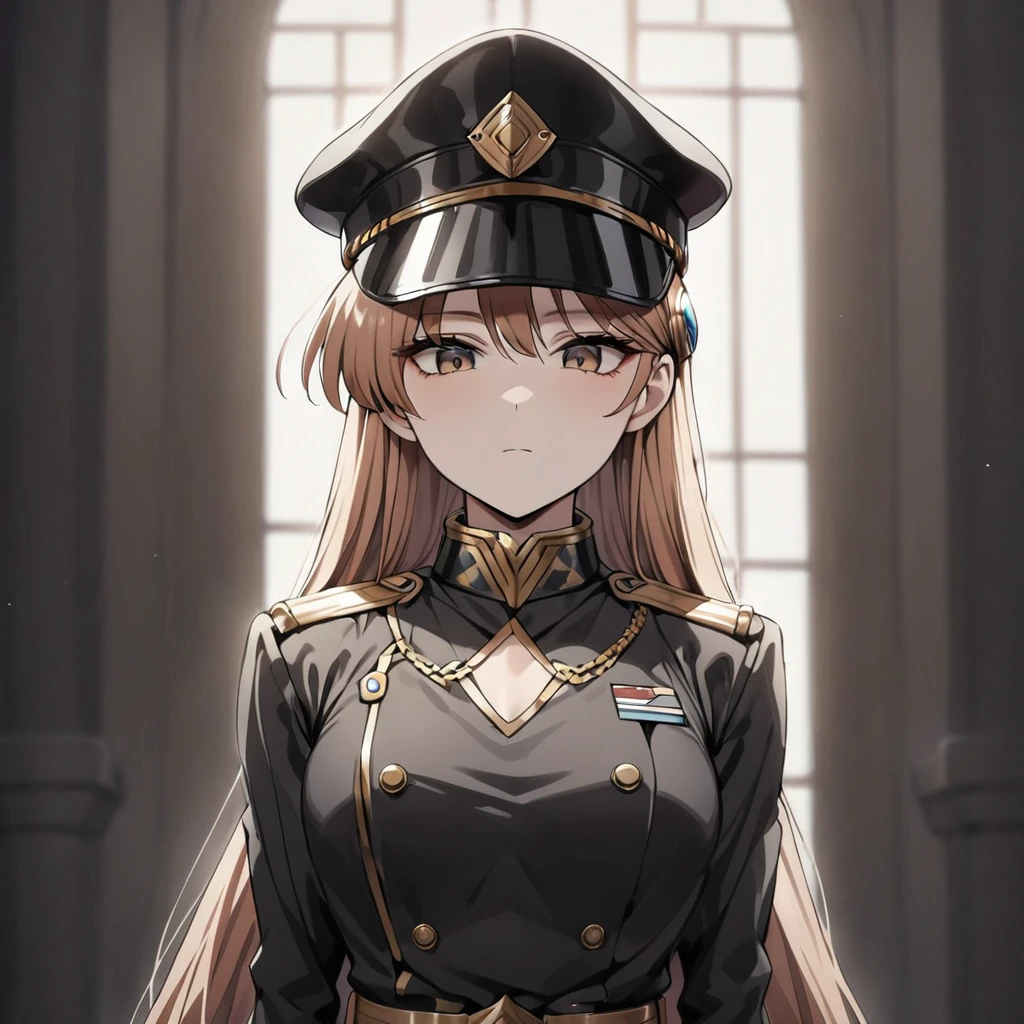 ((Highest quality)), ((masterpiece)), (detailed), (Perfect Face)、The woman is Princess Leona, with light brown, medium-long hair, wearing a black military uniform and a military cap, and standing upright with good posture.、Women are brainwashed, expressionless, and have no highlights in their eyes