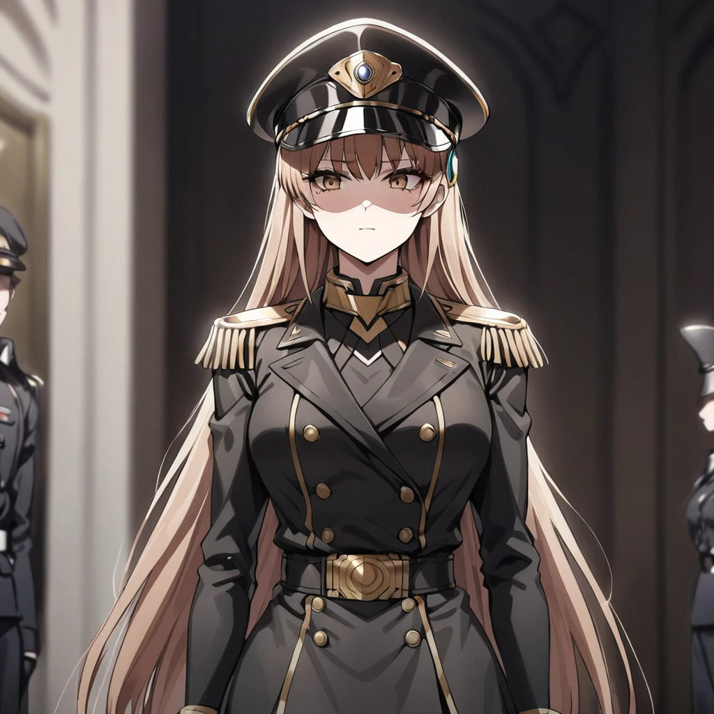 ((Highest quality)), ((masterpiece)), (detailed), (Perfect Face)、The woman is Princess Leona, with light brown, medium-long hair, wearing a black military uniform and a military cap, and standing upright with good posture.、Women are brainwashed, expressionless, and have no highlights in their eyes