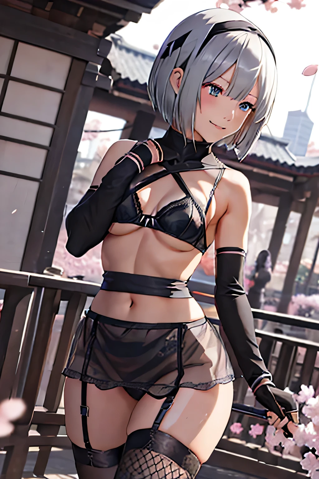 high quality,One girl,Silver Hair,short hair,tall,cute,cute,smile,Black ribbon hair band,Kunoichi,Ninja,Kunoichi's clothes,Ninjaの服,2 Japanese swords,Big Shuriken,Scattered cherry blossom petals,konpaku youmu (ghost),Black Pantyhose,Fishnet tights,Sideboob,Underboob,Groin,Plump thighs,flank,Hidden belly button,Ribs,rib cage,Small breasts,Small Tits,Dairy-free,Leg spread,Squat,Open legs,apron,garter belt,lingerie,negligee,cyber punk,future,City,sf
