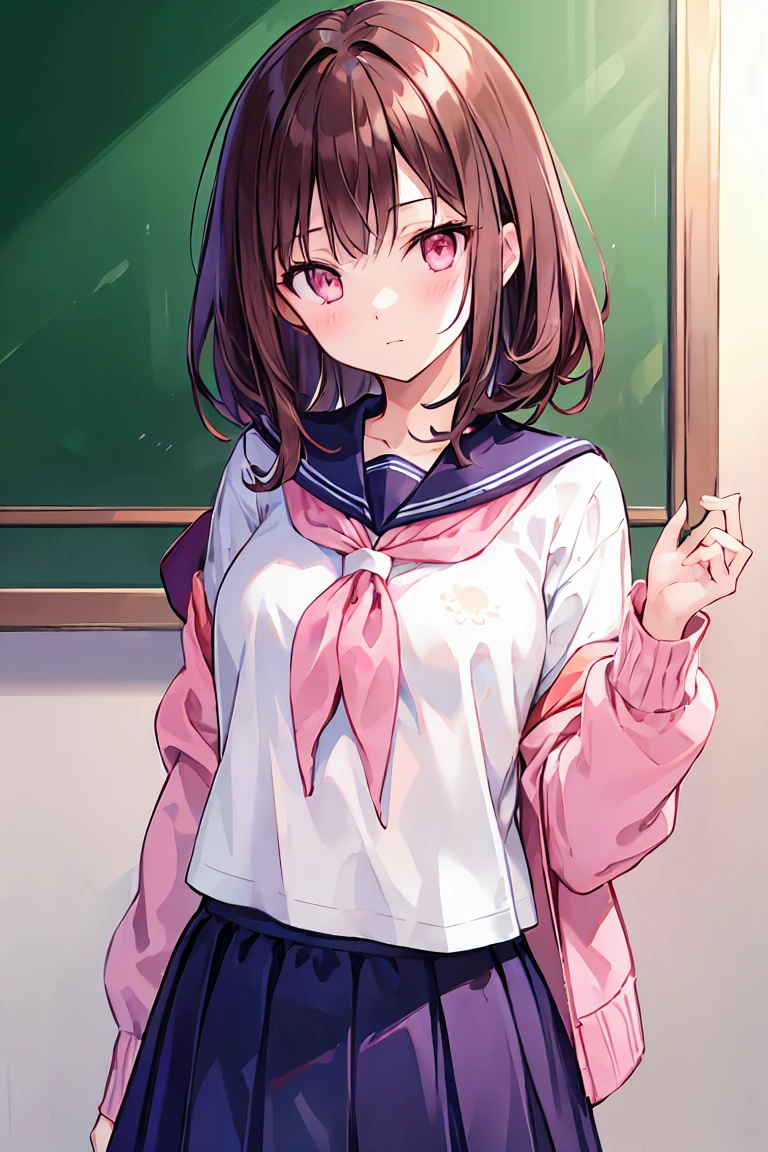 Dark brown hair color,Pale pink eyes,apricot pink school top,Navy Straight Skirt,Kind girl