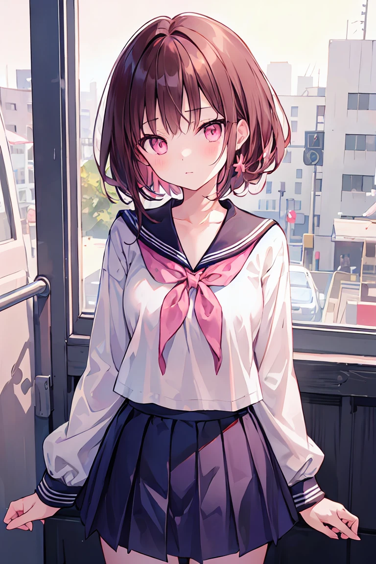 Dark brown hair color,Pale pink eyes,apricot pink school top,Navy Straight Skirt,Kind girl