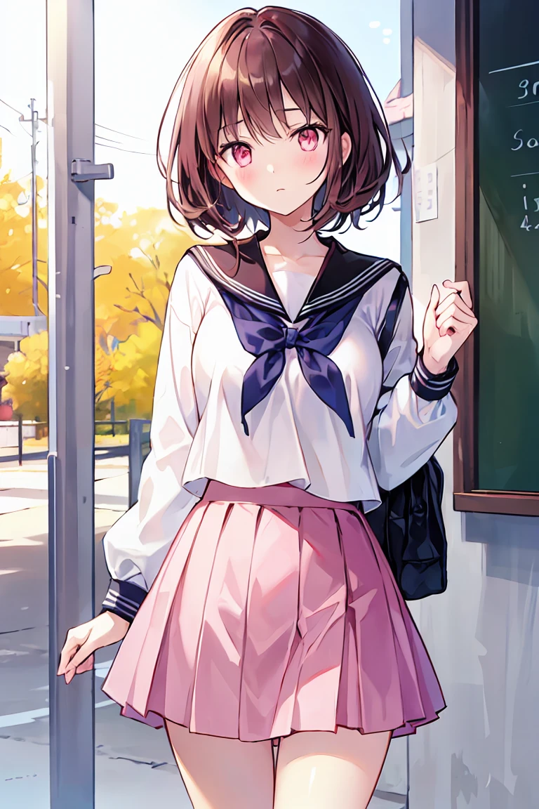 Dark brown hair color，Pale pink eyes，apricot pink school top，Navy Straight Skirt，Kind girl