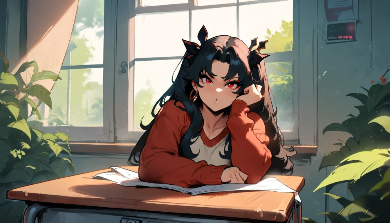 1girl, ishtar \(fate\), fate \(series\) \\\\\ masterpiece, best quality, very aesthetic, absurdres, newest \\\\\\ slim body,///// ,by nyantcha,cutesexyrobutts , by khyle,,////// beautiful face, sexy, red eyes, , at school, windows, greenery, sweater,,at desk, looking at viewer