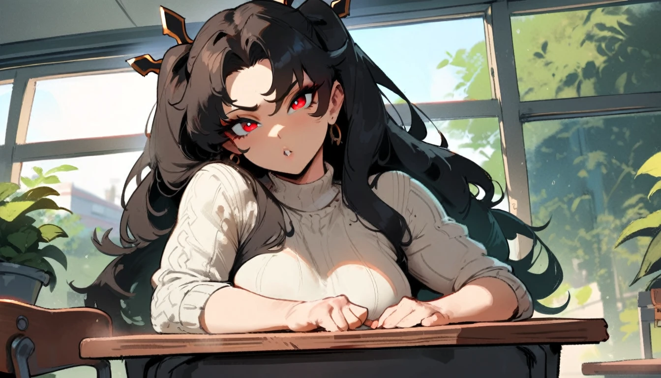 1girl, ishtar \(fate\), fate \(series\) \\\\\ masterpiece, best quality, very aesthetic, absurdres, newest \\\\\\ slim body,///// ,by nyantcha,cutesexyrobutts , by khyle,,////// beautiful face, sexy, red eyes, , at school, windows, greenery, sweater,,at desk, looking at viewer