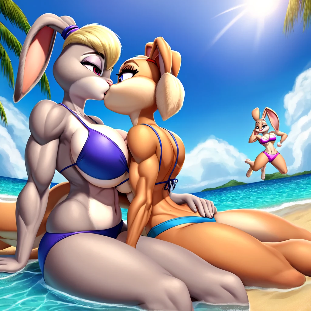 ((Best quality)), ((masterpiece)), (detailed), Lola bunny, Judy hops, 2 persons, two characters, Lola bunny: high, Medium breasts , long legs, wide hips, bikini, Judy hopps: серый skin, rabbit, grey rabbit,low, Large legs, bikini, big breasts,kissing, Judy is shorter than Lola,Lola bunny high, Judy Medium breasts, Judy мускулы, Judy hopps бодибилдер, Lola bunny самая high , Judy a lot of muscle, beach, dynamics, they are lying in the water, hugging, Judy wide back, только Judy and Lola, normal body anatomy, Judy hops a lot of muscle, Lola bani no muscle, Lola big belly, Lola don't have muscles ,Judy hopps very big muscles, Lola bunny skiny