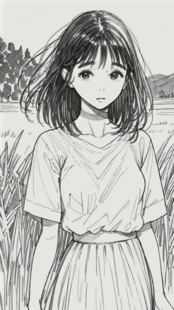 One Girl,Line art,Monochrome,sketch,Pencil drawing,Traditional Media,One Girl, skirt,Cute Teenage Girls, ,Beautiful portrait、Delicate body、Black Hair、Black Hair,landscape