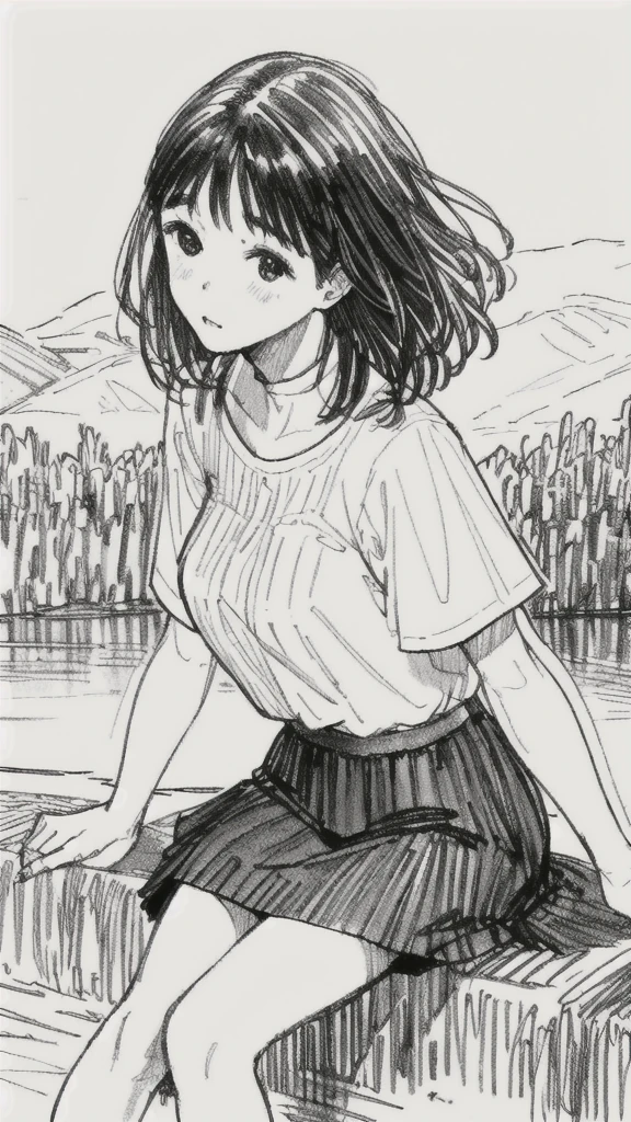 One Girl,Line art,Monochrome,sketch,Pencil drawing,Traditional Media,One Girl, skirt,Cute  Girls, ,Beautiful portrait、Delicate body、Black Hair、Black Hair,landscape