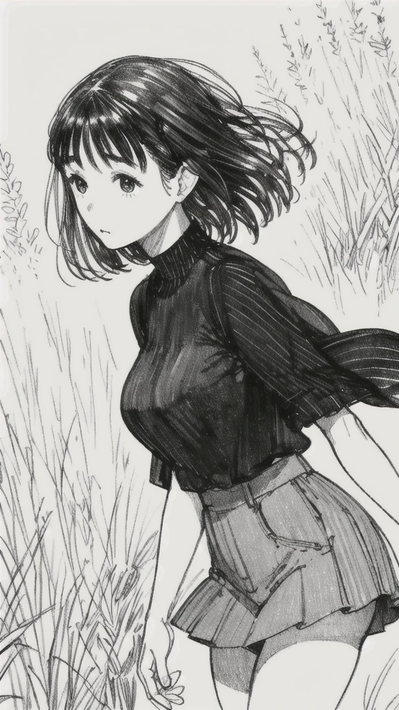 One Girl,Line art,Monochrome,sketch,Pencil drawing,Traditional Media,One Girl, skirt,Cute  Girls, ,Beautiful portrait、Delicate body、Black Hair、Black Hair,landscape