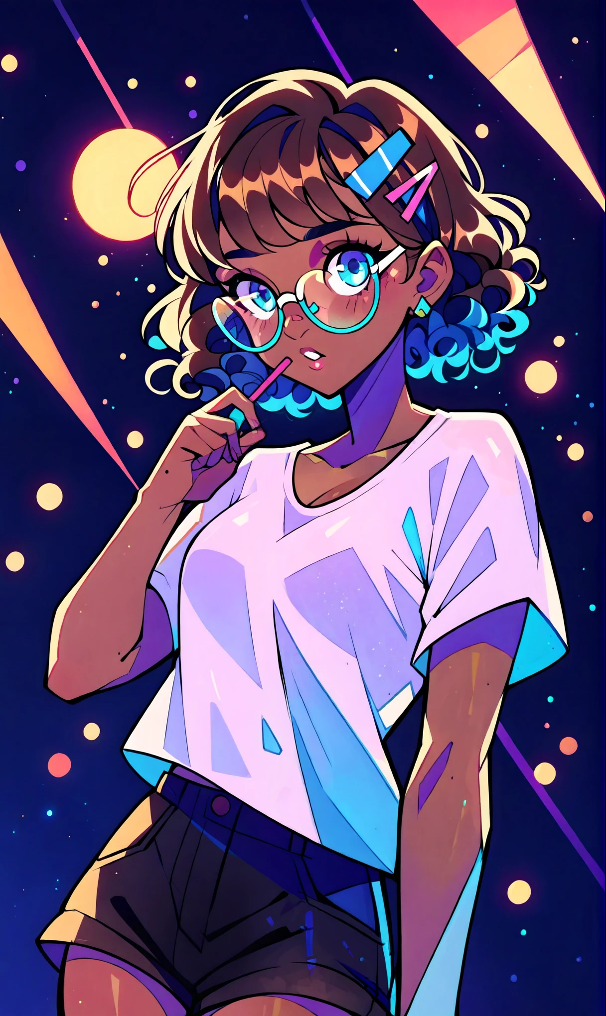 (score_9, score_8_up), score_7_up, score_6_up, score_5_up, score_4_up, 1girl, rim lights, brown skin, curly hair, short hair, hair pin, dark background, vibrant, white T-shirt with panda face design on it, black shorts, glasses,
