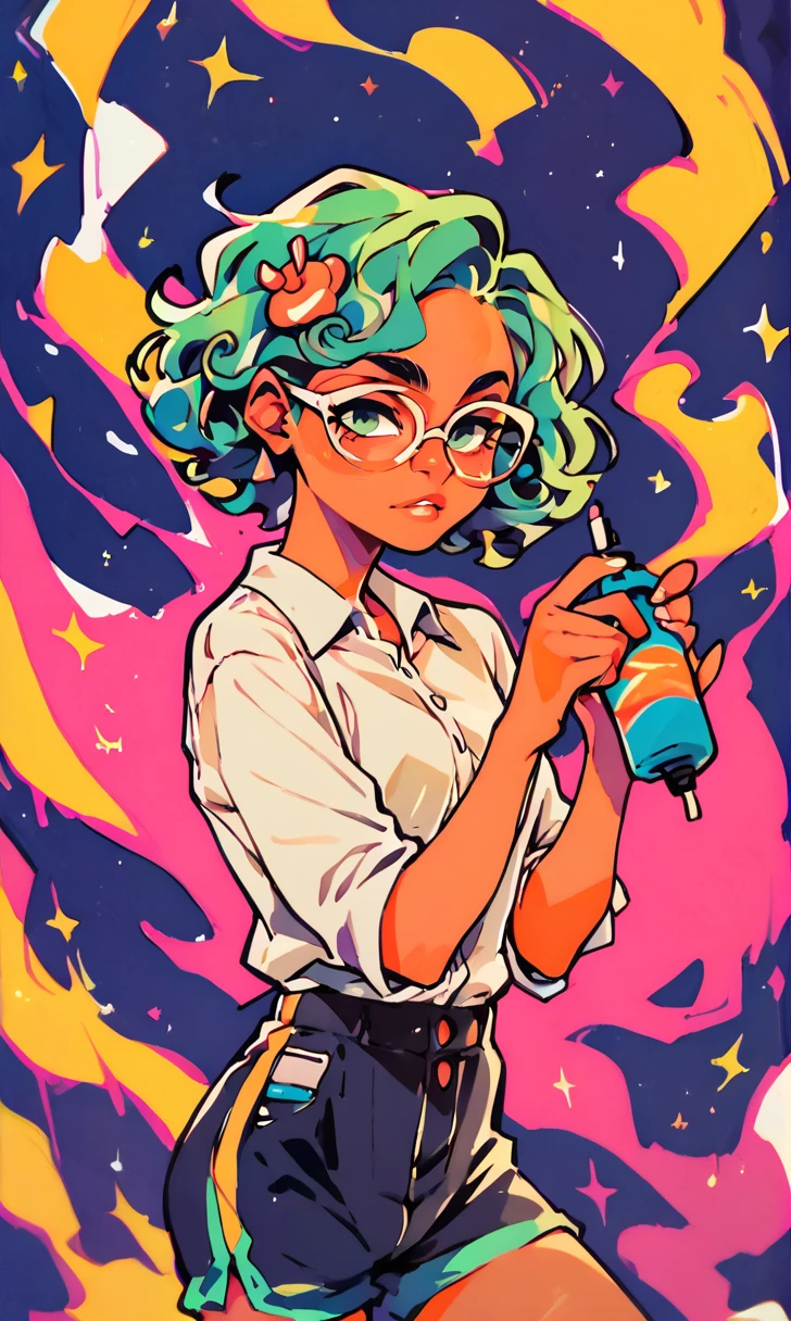 (score_9, score_8_up), score_7_up, score_6_up, score_5_up, score_4_up, 1girl, rim lights, brown skin, curly hair, short hair, hair pin, dark background, vibrant, high contrast, painterly, traditional oil paint, white shirt with panda face design on it, black shorts, glasses,