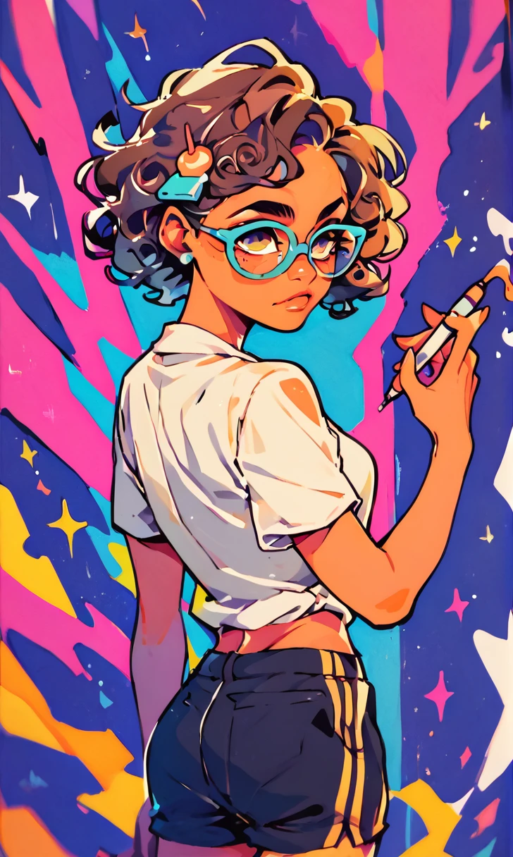 (score_9, score_8_up), score_7_up, score_6_up, score_5_up, score_4_up, 1girl, rim lights, brown skin, curly hair, short hair, hair pin, dark background, vibrant, high contrast, painterly, traditional oil paint, white shirt with panda face design on it, black shorts, glasses,