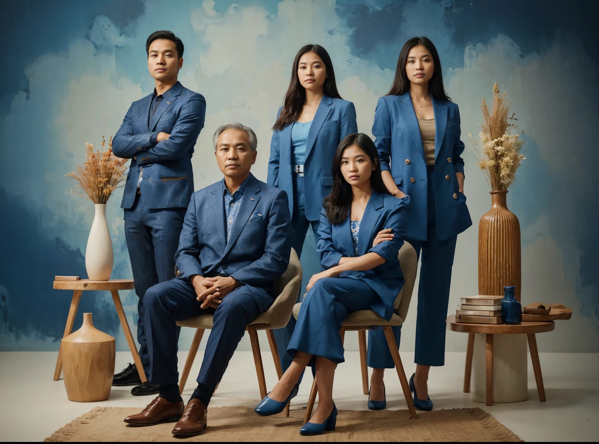 A studio photograph of an Indonesian family consisting of 5 members, 1 father and 1 mother aged 50 sitting in chairs, standing behind are 3 people, two 28-year-old women with straight hair, a 25-year-old man with crew-cut hair, all wearing blue suits and formal attire, background in the studio with blue abstract patterned walls, dried flower vase, ultra HD, 32k. 