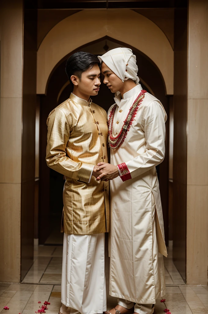 A 24 year old man, wearing traditional Indonesian pre-wedding clothes,seorang perempuan berusia 18 tahun wearing traditional Indonesian pre-wedding clothes, wearing hijab,pose holding hands looking at each other,luxury wedding background, Realistic,original photo