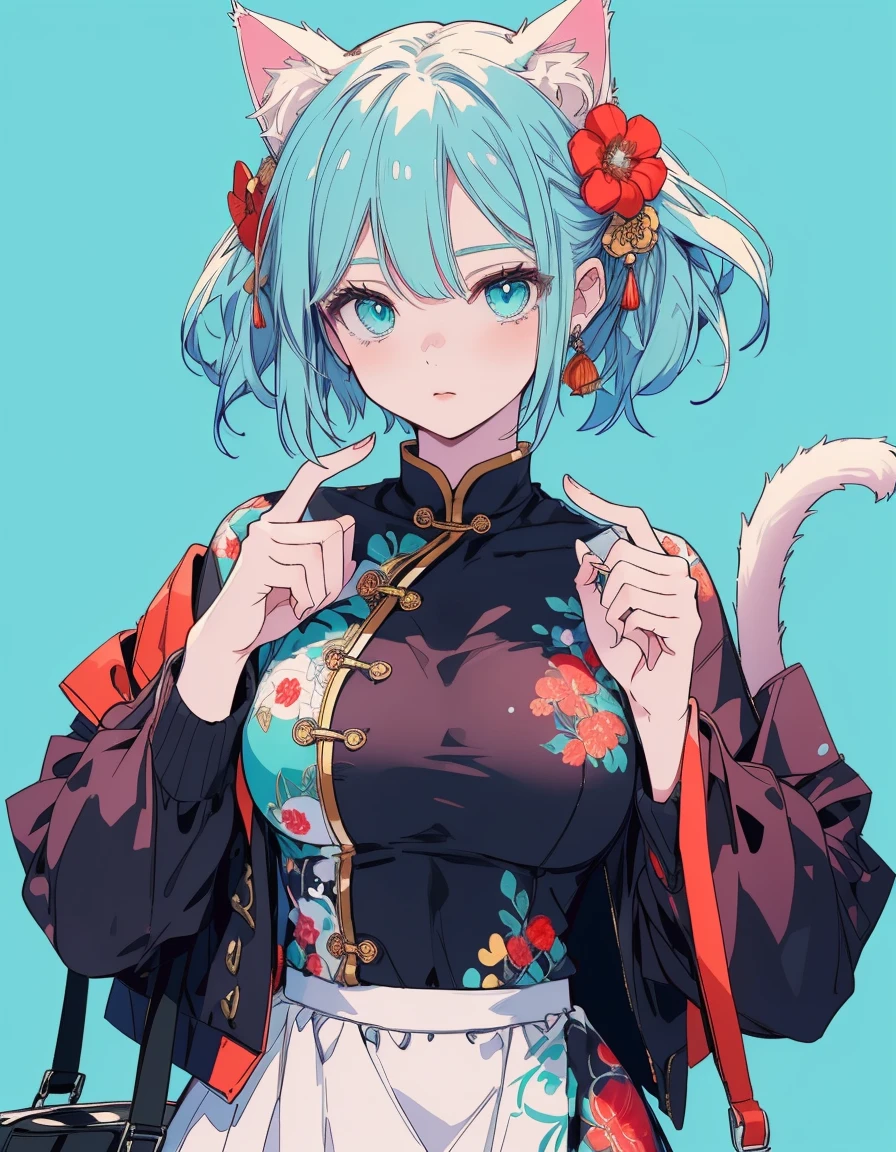 chinese clothes, Chinese background, ((masterpiece, best quality:1.5)), ((Beautiful detailed cat aqua eyes:1.2)), cat ears, pale skin, large breasts, beautiful hands, beautiful fingers, EasyNegative