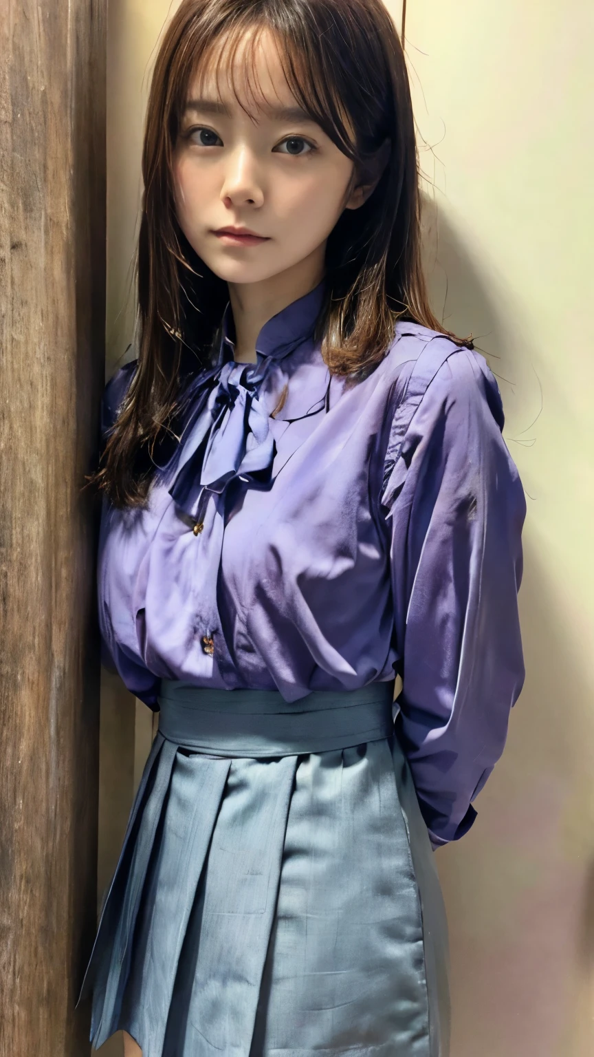 woman has her hands tied、Hands behind back、Hands crossed at the waist、His wrists were tied with rope.、Beauty、20talent、Wearing a short-sleeved blouse、Wearing a skirt、Inside the hotel room、Standing in front of a wall、Uniform eyes、Well-proportioned、Medium build、Small Bust、Small face、Like a real photo、Highest quality、