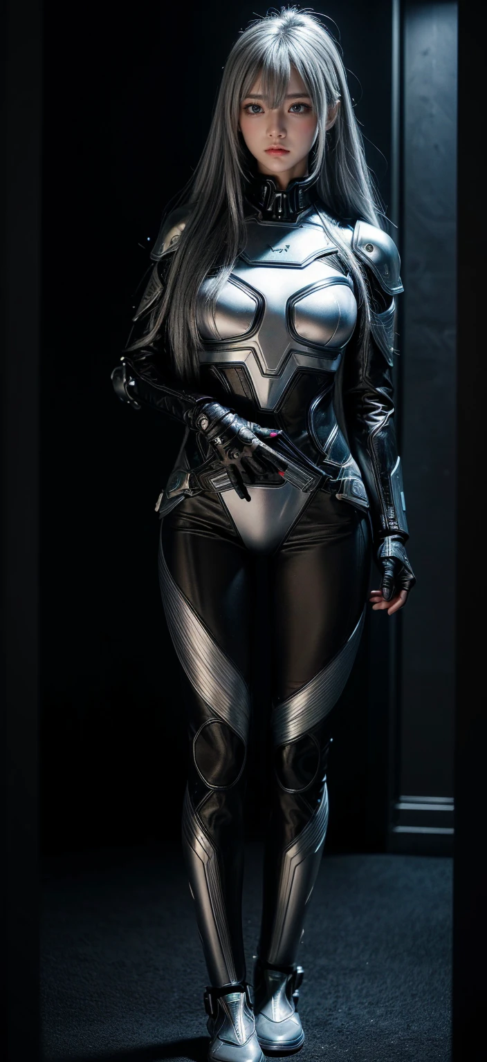 cyber angel,machine wing,laser sword,{{Sci-Fi Armor}},cyber suit,cyberpunk,science fiction,cyber battle armor,Battledress,Military Uniforms,pants,black military uniform,whole body,Height: 168cm,almond shape eyes,{{{{{silver eyes}}}}},{{{{{dull bangs}}}}},(slanted eyes},{{whole body},{{{1 girl}}}, long hair, straight hair,{{{{silver hair}}}},{{{tsurime}}},30 years old,{Medium chest},{{bush}},silver eyes,{{{masterpiece}}}, {{{highest quality}}}, {{Super detailed}}, {shape}, {{very delicate and beautiful}},very detailed,detailed perfect,detailed hyper,Abundant thighs,big ,black clothes