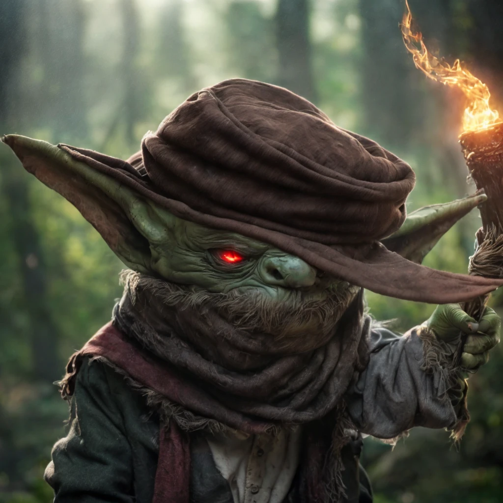 (masterpiece)+, (extremely (realistic)+,a portrait of an extremely ugly green skined goblin male bard , red eyes, green skin, dirty, Holding a torch in one hand and ventriloquist dummy in other, Wearing scarf over the face, wearing ragged and dirty hat and rags, Agitated stare. Looking in camera. volumetrics dtx, Photorealistic, ultra detailed, Artstation trending, very very detailed, realistic shaded lighting, dynamic shadows, detailed Forest background, upper body, professional photograph of a detailed skin, sharp focus, dramatic, award winning, cinematic lighting, octane render, unreal engine, volumetrics dtx, Photorealistic, ultra detailed, Artstation trending, very very detailed, hyperrealistic, fine details, realistic shaded lighting, dynamic shadows, Forest background, add_detail:1, skin pores and wrinkles, details.,More Reasonable Details