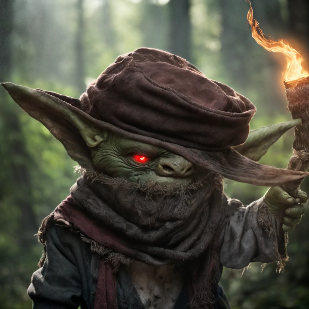 (masterpiece)+, (extremely (realistic)+,a portrait of an extremely ugly green skined goblin male bard , red eyes, green skin, dirty, Holding a torch in one hand and ventriloquist dummy in other, Wearing scarf over the face, wearing ragged and dirty hat and rags, Agitated stare. Looking in camera. volumetrics dtx, Photorealistic, ultra detailed, Artstation trending, very very detailed, realistic shaded lighting, dynamic shadows, detailed Forest background, upper body, professional photograph of a detailed skin, sharp focus, dramatic, award winning, cinematic lighting, octane render, unreal engine, volumetrics dtx, Photorealistic, ultra detailed, Artstation trending, very very detailed, hyperrealistic, fine details, realistic shaded lighting, dynamic shadows, Forest background, add_detail:1, skin pores and wrinkles, details.,More Reasonable Details