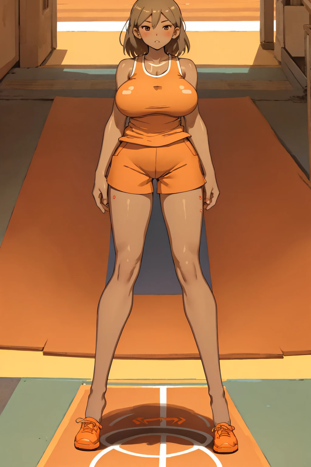 tanned, tan skin, At, orange tank top, orange shorts blush Super huge big breasts breast enlargement Standing alone on the basketball court full-body shot