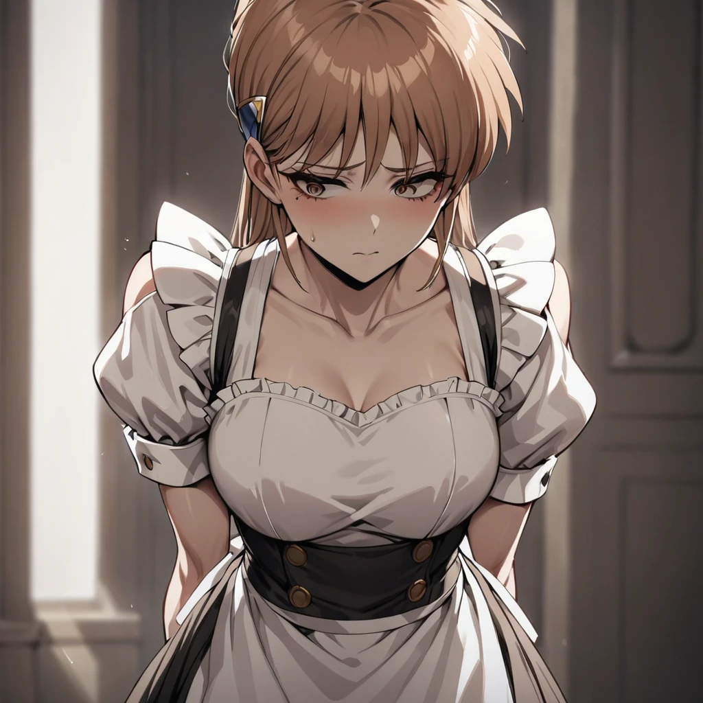 ((Highest quality)), ((masterpiece)), (detailed), （Perfect Face）、The woman is Princess Leona, with medium-long light brown hair, wearing a maid outfit and standing upright with good posture.、The woman has been brainwashed and is expressionless, with rape eyes