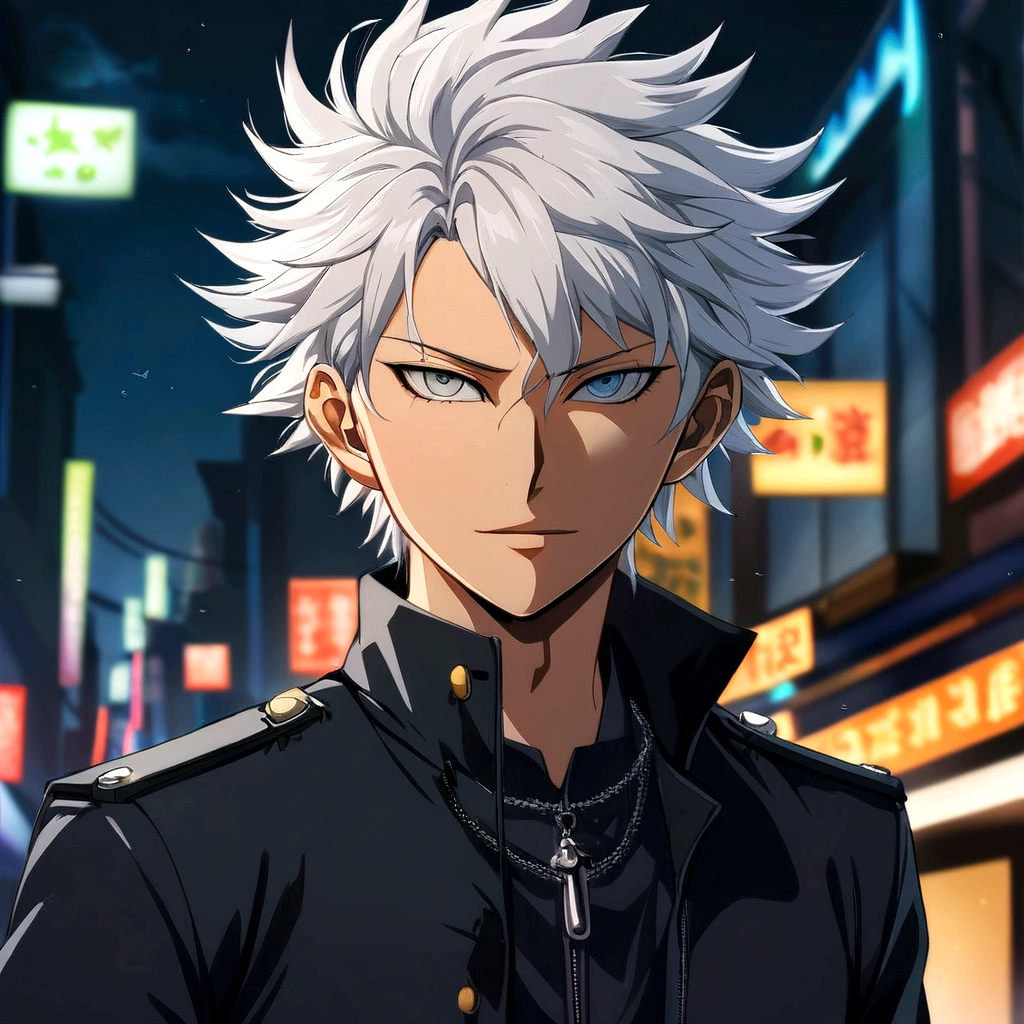 cara de anime com white hair e olhos azuis parado em uma cidade, nagito komaeda, a crazy woman with silver hair, male anime character, trigger anime art style, killua zoldyck black hair, nagito komaeda from danganronpa, retrato de killua zoldyck, white hair, best 4k konachan anime wallpaper