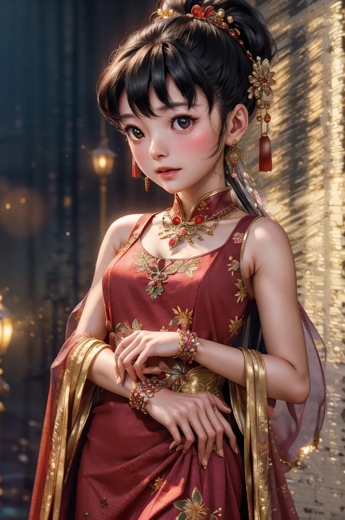 best quality, masterpiece, highres, 1girl,china dress,hair ornament,necklace, jewelry,Beautiful face,upon_body, tyndall effect,photorealistic, dark studio, rim lighting, two tone lighting,(high detailed skin:1.2), 8k uhd, dslr, soft lighting, high quality, volumetric lighting, candid, Photograph, high resolution, 4k, 8k, Bokeh