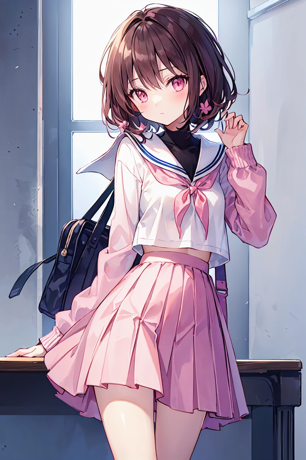 Dark brown hair color,Pale pink eyes,apricot pink school top,Navy Straight Skirt,Kind girl