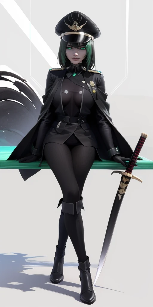 allmind, short hair, black hair, bangs, curvy, anatomical correct, outfit-blackgh, 1girl, solo, looking at viewer, full body, crossed legs, katana, sheath, peaked cap, sheathed, military hat, hollow eyes, green eyes, lips, cheek, expressionless, glaring eyes, upper teeth, Popogori1