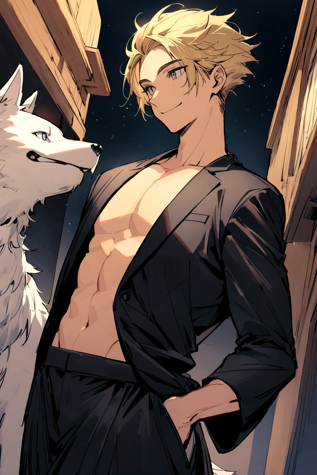  ,black blazer, abdomen, wearing no shirt, Wide formal pants, mascle, hair blonde, medium length, perfect facial symettry, perfect nose, Beautiful Beautiful Smile, One mascle, standing alone, single person, smile cute. wolf cut. Single mascle, A person. Single Character , original body look and indian boy looking forward 