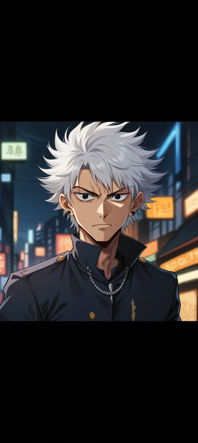 A 20-year-old man with fair skin and tousled white hair, styled in an unruly, spiky manner typical of anime characters. His deep black eyes have an intense and mysterious look, with a sharp, piercing gaze. He has a lean build and a strong, angular jawline, with high cheekbones that give him a striking appearance. His expression often carries a hint of determination and seriousness, reminiscent of characters from Jujutsu Kaisen. He wears a dark, form-fitting outfit with subtle, intricate patterns, adding to his enigmatic and powerful aura aparence anime ,cowboy bebop style