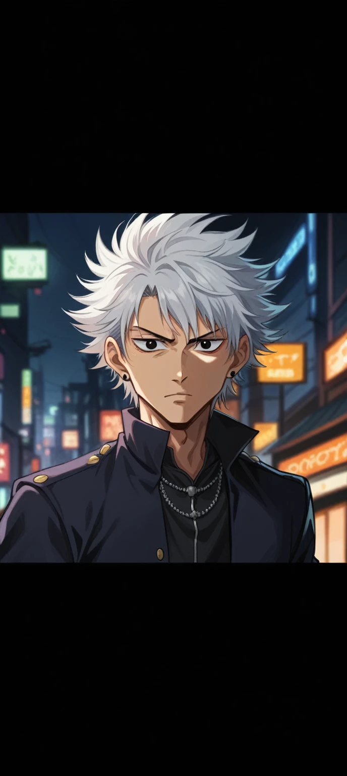 A 20-year-old man with fair skin and tousled white hair, styled in an unruly, spiky manner typical of anime characters. His deep black eyes have an intense and mysterious look, with a sharp, piercing gaze. He has a lean build and a strong, angular jawline, with high cheekbones that give him a striking appearance. His expression often carries a hint of determination and seriousness, reminiscent of characters from Jujutsu Kaisen. He wears a dark, form-fitting outfit with subtle, intricate patterns, adding to his enigmatic and powerful aura aparence  anime ,cowboy bebop style