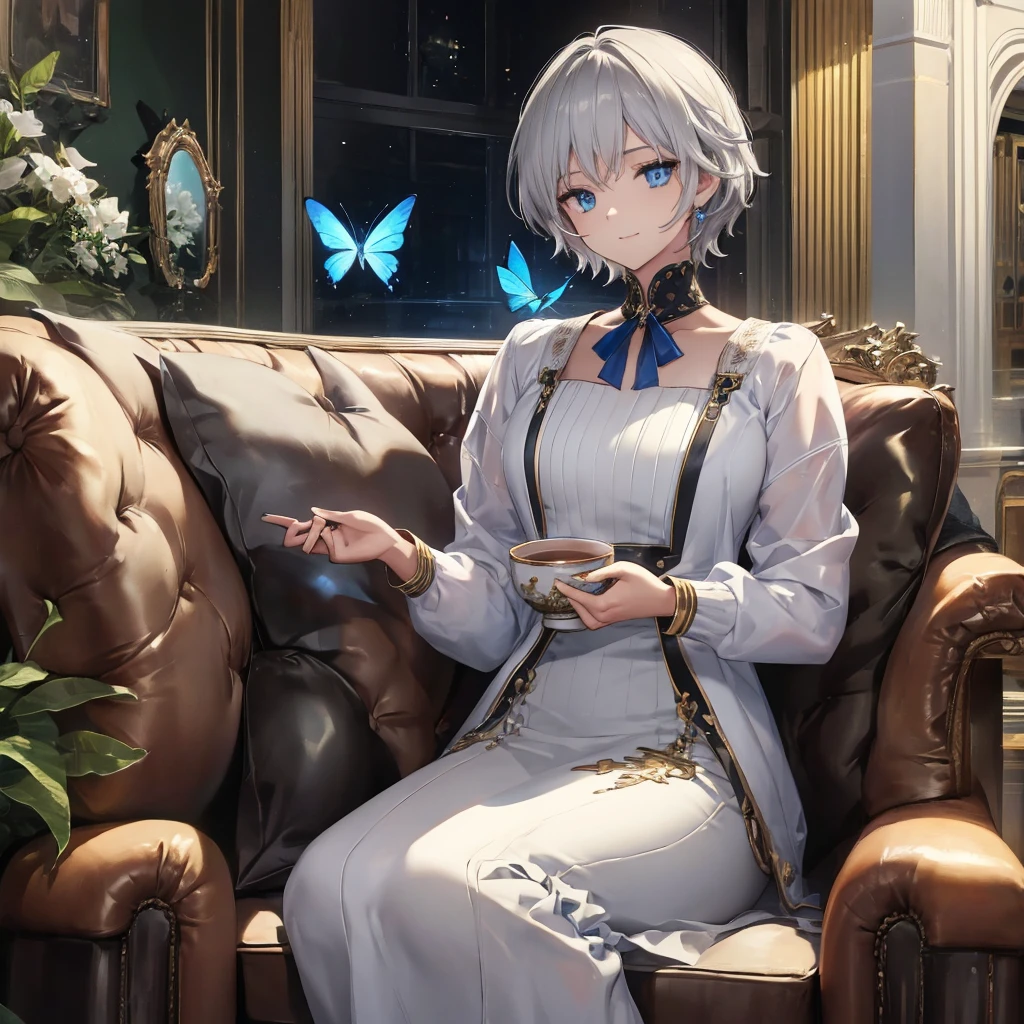 (((1 person　Gray Hair　Gold-edged sofa　blue eyes)))　((High resolution　short hair　Noble clothes　Rin々Funny face　Cat))　((Close-up))　((Blue Butterfly　Asahi　Shining Aura　Holding a cup　Drinking tea))　(smile　Bathed in light)　Shining Background　Shining Edge