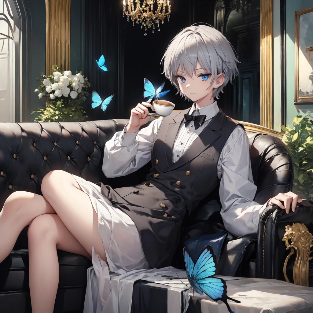 (((1 person Gray Hair Gold-edged sofa blue eyes))) ((High resolution short hair Noble clothes Rin々Funny face Cat)) ((Close-up)) ((Blue Butterfly Asahi Shining Aura Holding a cup Drinking tea)) (smile Bathed in light) Shining Background Shining Edge