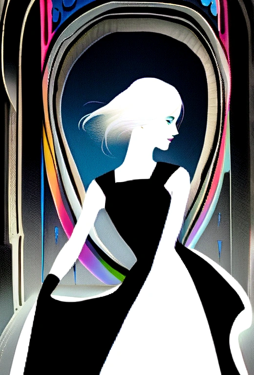 A photorealistic black and white image, in studio with neutral background, which evokes the style of fashion photographer Richard Avedon: a silver-haired woman in a high-fashion black dress, happily interacting with a sea lion. The composition captures elegance and energy, revealing the vibrant personality of the scene.
