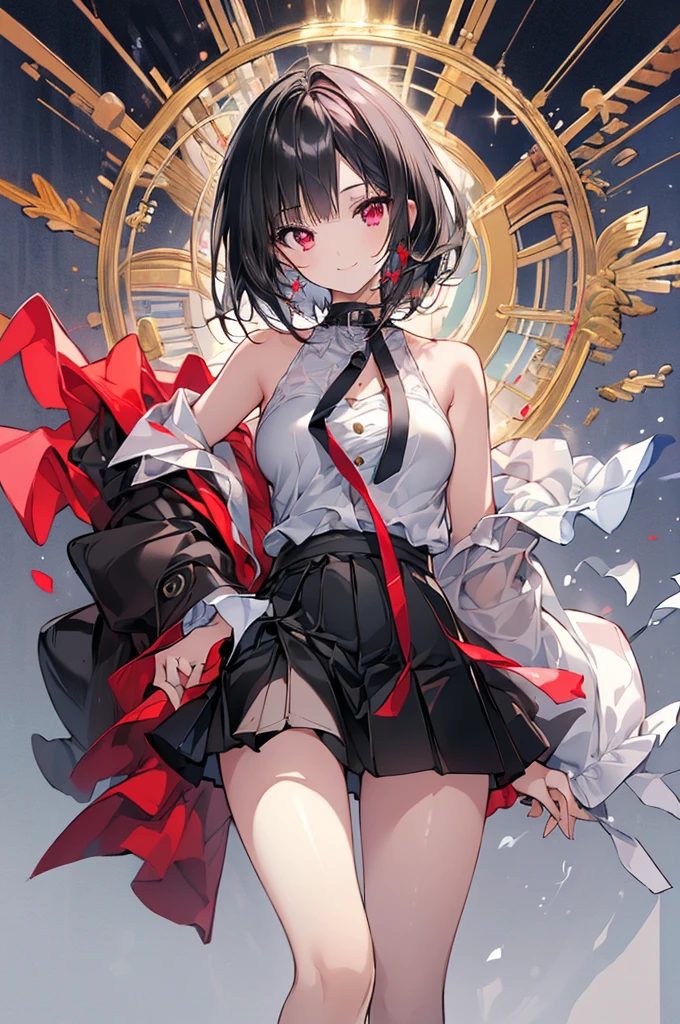 (masterpiece, highest quality, highest quality, (No text), Beautiful and aesthetic:1.2),No text,アニメ、 high resolution　BREAK,One Girl，Short black hair　Beautiful eyes　Red eyes　Beautiful girl　cool　smile　Black Coat　mini skirt　whole body　Night view　Detailed eyes and face
