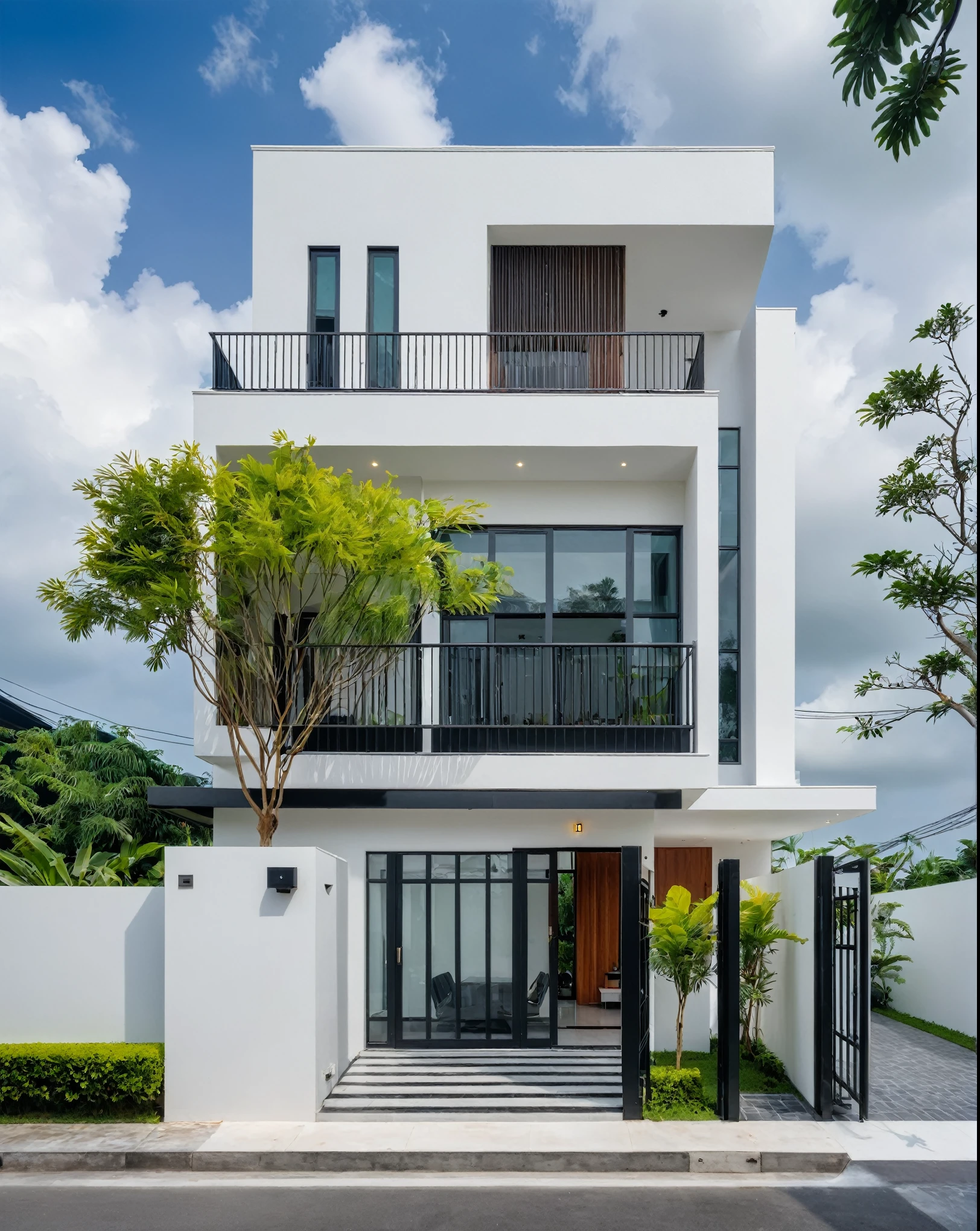 RAW photo, a photo of a modern villa, sidewalk, sidewalk trees, steel gate, road, viet nam modern residence, a car parked in front of it, rough white wall, new residential area, wide angle exterior 2022, contemporary house, exterior photography, masterpiece, contemporary architecture, overcast, indirect lighting