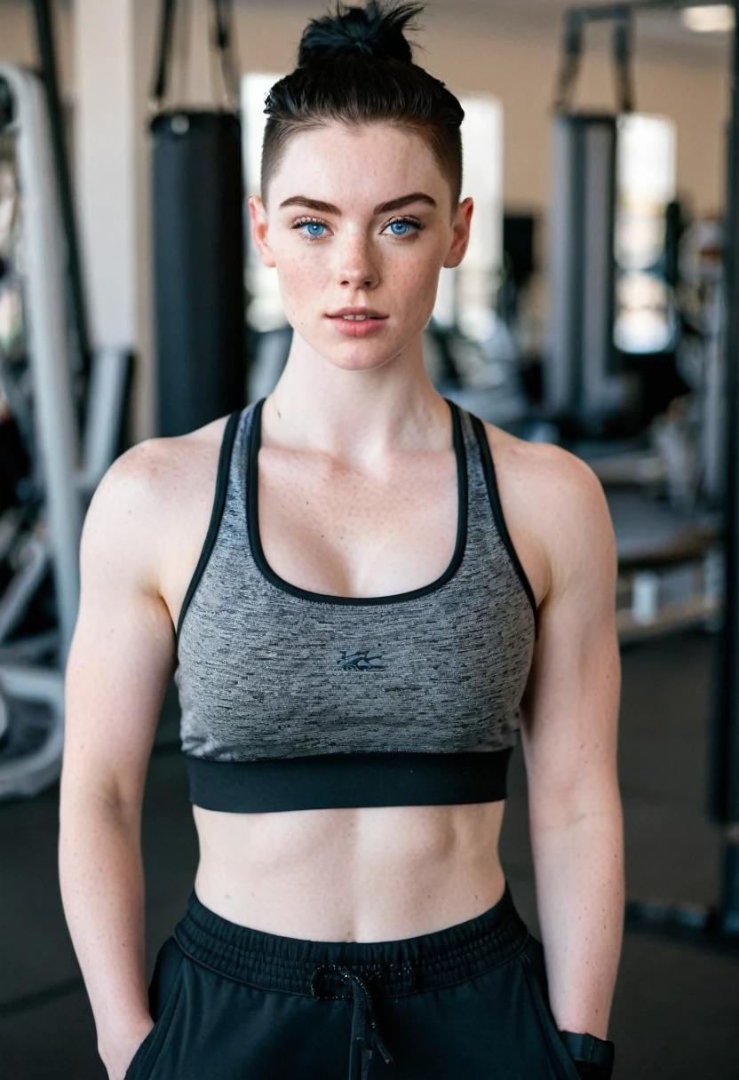 Muscular college girl with blue eyes, pale skin, freckles and black hair with a buzz cut wearing a sports bra and baggy sweatpants at the gym