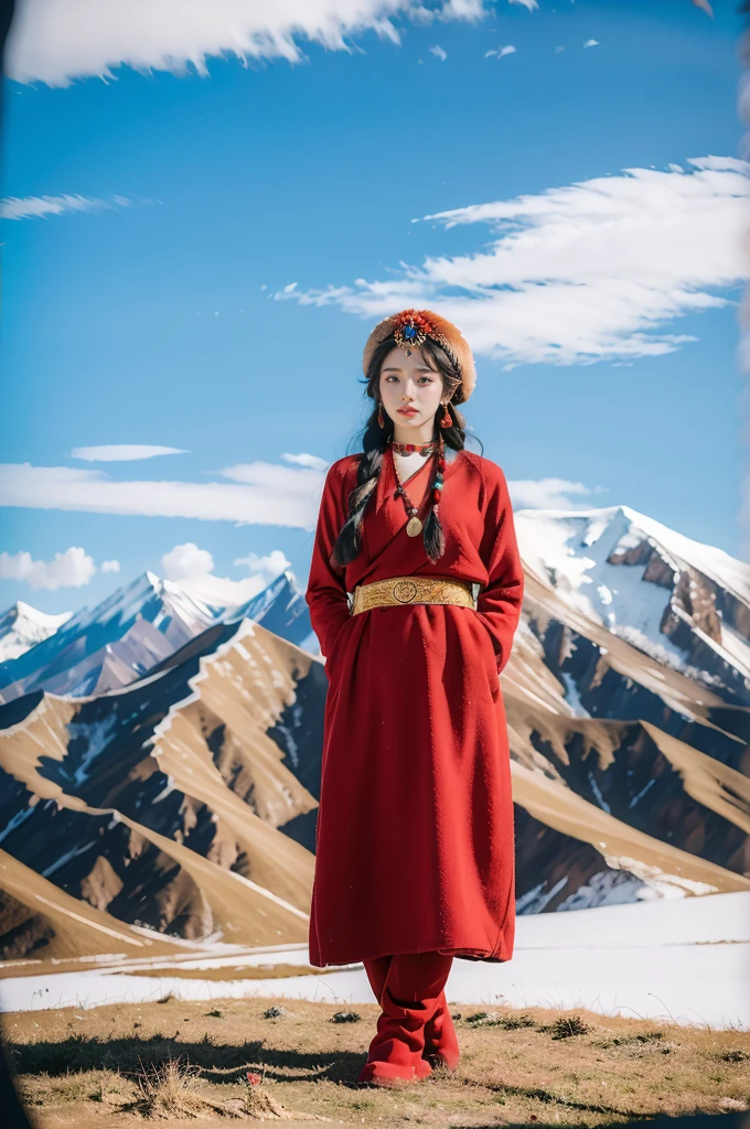 (masterpiece, best quality:1.2),red Tibetan clothing,1 Tibetan girl, blue sky, cloud, cloudy sky, day, earrings,Plush hat, horizon,Tibetan Earrings,jewelry,necklace, lips,snow mountain, outdoors, parted lips, red lips, solo,flat chest,full body,slender legs,boots,standing,arms behind back