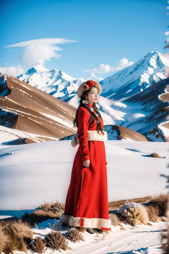 (masterpiece, best quality:1.2),red Tibetan clothing,1 Tibetan girl, blue sky, cloud, cloudy sky, day, earrings,Plush hat, horizon,Tibetan Earrings,jewelry,necklace, lips,snow mountain, outdoors, parted lips, red lips, solo,flat chest,full body,slender legs,boots,standing,arms behind back