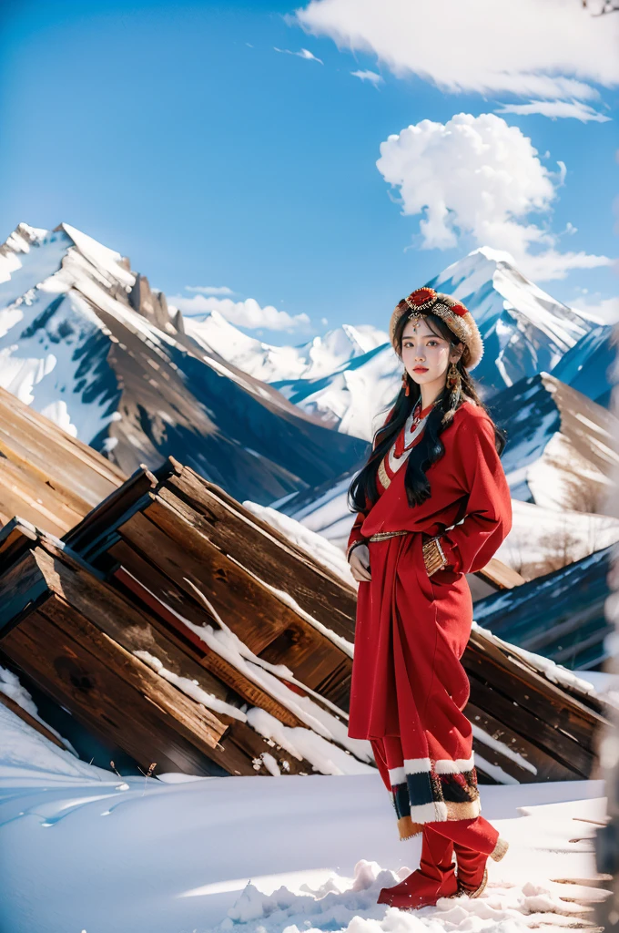 (masterpiece, best quality:1.2),red Tibetan clothing,1 Tibetan girl, blue sky, cloud, cloudy sky, day, earrings,Plush hat, horizon,Tibetan Earrings,jewelry,necklace, lips,snow mountain, outdoors, parted lips, red lips, solo,flat chest,full body,slender legs,boots,standing,arms behind back