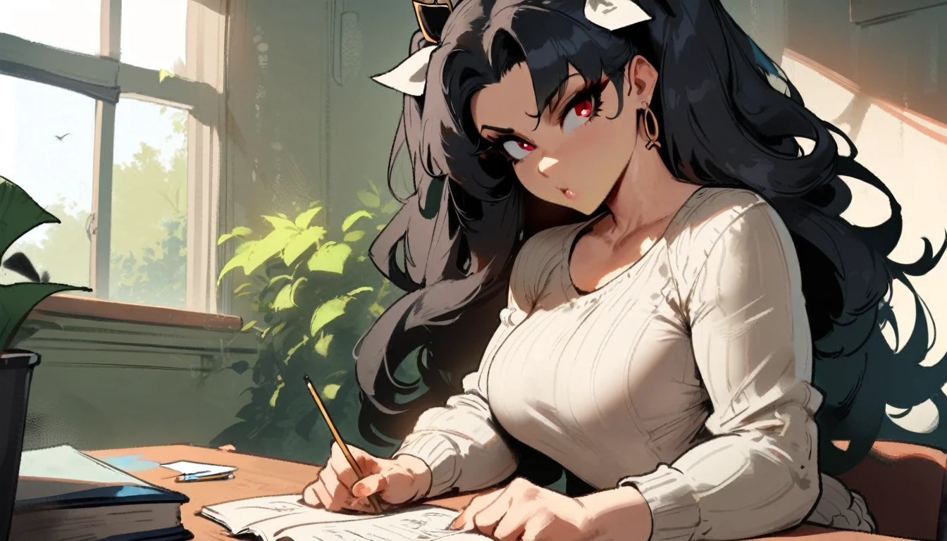 1girl, ishtar \(fate\), fate \(series\) \\\\\ masterpiece, best quality, very aesthetic, absurdres, newest \\\\\\ slim body,///// ,by nyantcha,cutesexyrobutts , by khyle,,////// beautiful face, sexy, red eyes, , at school, windows, greenery, sweater,,at desk, looking at viewer