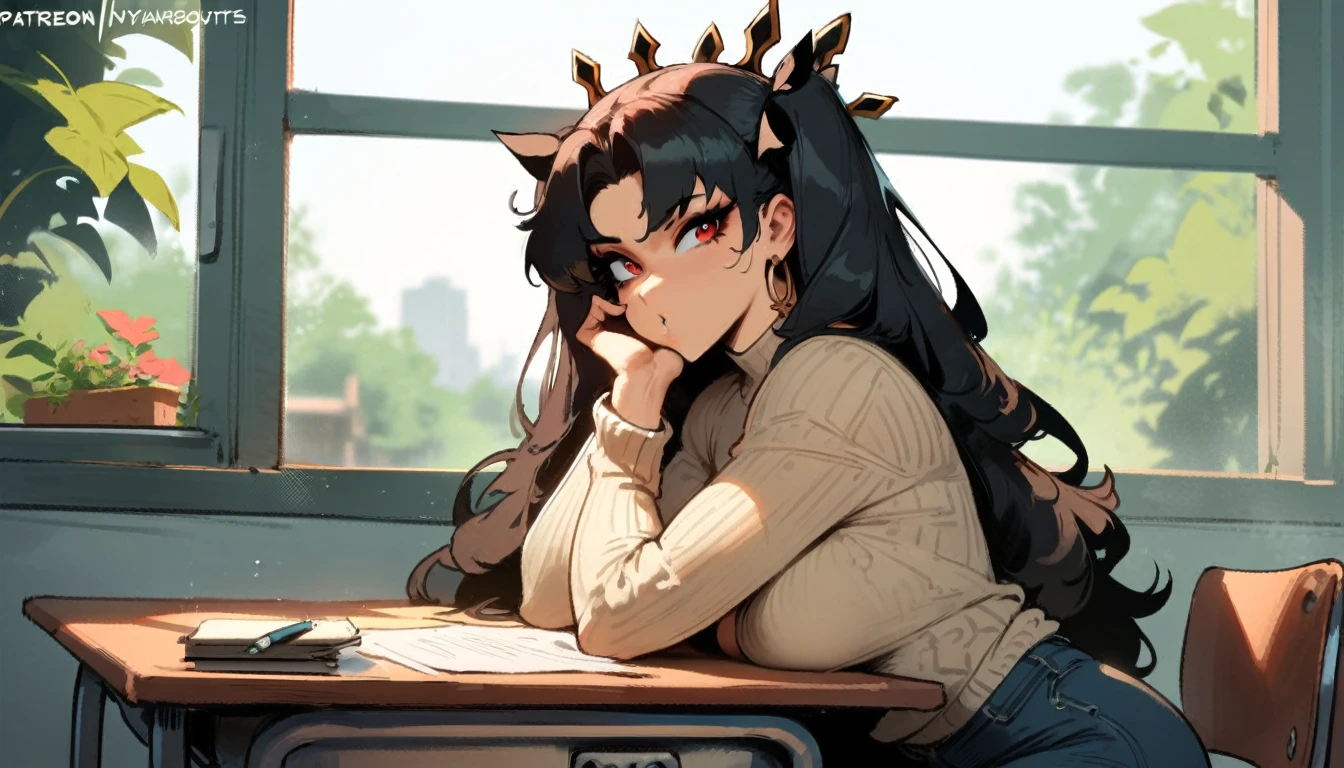 1girl, ishtar \(fate\), fate \(series\) \\\\\ masterpiece, best quality, very aesthetic, absurdres, newest \\\\\\ slim body,///// ,by nyantcha,cutesexyrobutts , by khyle,,////// beautiful face, sexy, red eyes, , at school, windows, greenery, sweater,,at desk, looking at viewer