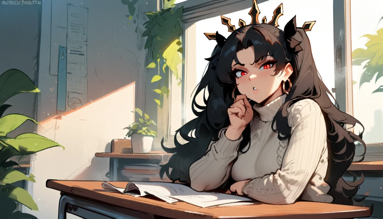 1girl, ishtar \(fate\), fate \(series\) \\\\\ masterpiece, best quality, very aesthetic, absurdres, newest \\\\\\ slim body,///// ,by nyantcha,cutesexyrobutts , by khyle,,////// beautiful face, sexy, red eyes, , at school, windows, greenery, sweater,,at desk, looking at viewer
