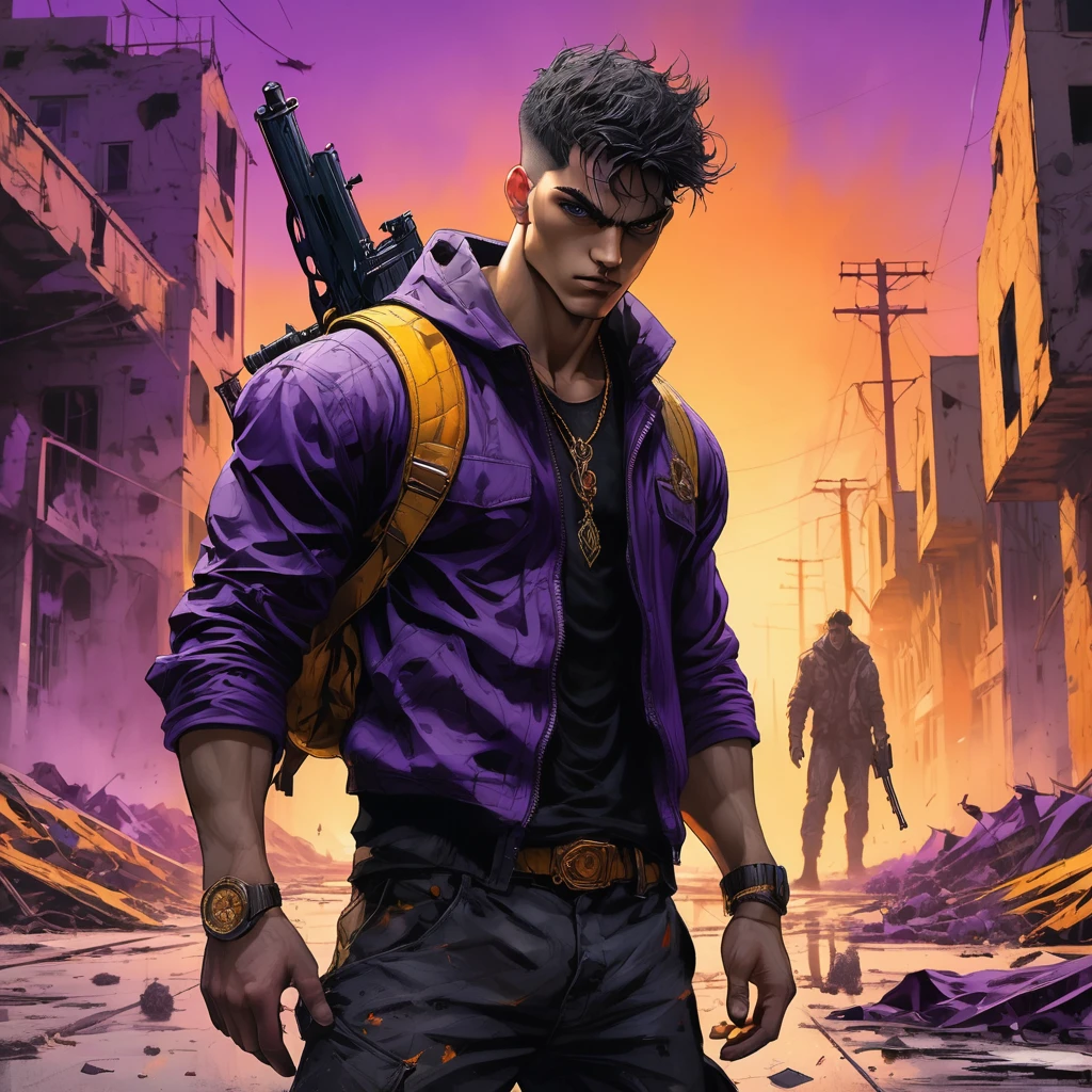 dark and torn, 1 young man beautiful muscular body, fierce expression, holding a gun, (colors in your clothes, warm, Orange, yellow, violet:1.3), standing in a desolate wasteland, dramatic lighting, intense shadows, sandy texture, tall contrast, vibrant colors, dynamic pose, powerful posture, rough background, explosive atmosphere, dystopian theme, surreal elements, digitally painted illustration, high definition resolution, intricate details, dramatic composition, avant-garde and chaotic brushstrokes, gothic style, intense emotions, epic scale, raw and gritty feeling, Captivating and  works of art..