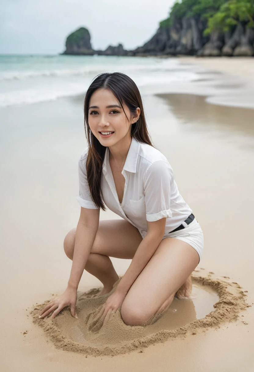 portrait of a beautiful thai woman in a dynamic pose, wearing a white shirt and white shorts, kneeling and playing in the sand, against a white sandy beach backdrop. the character should have a pose that conveys excitement or happiness, in sync with the lively motion of splashing water. capture the character from a low angle to emphasize their presence against the vast sky. include details such as reflections of water bubbles and shadows to add depth, using a fresh blue sky tone and soft lighting to mimic the original location's ambiance. make the sand look more powdery