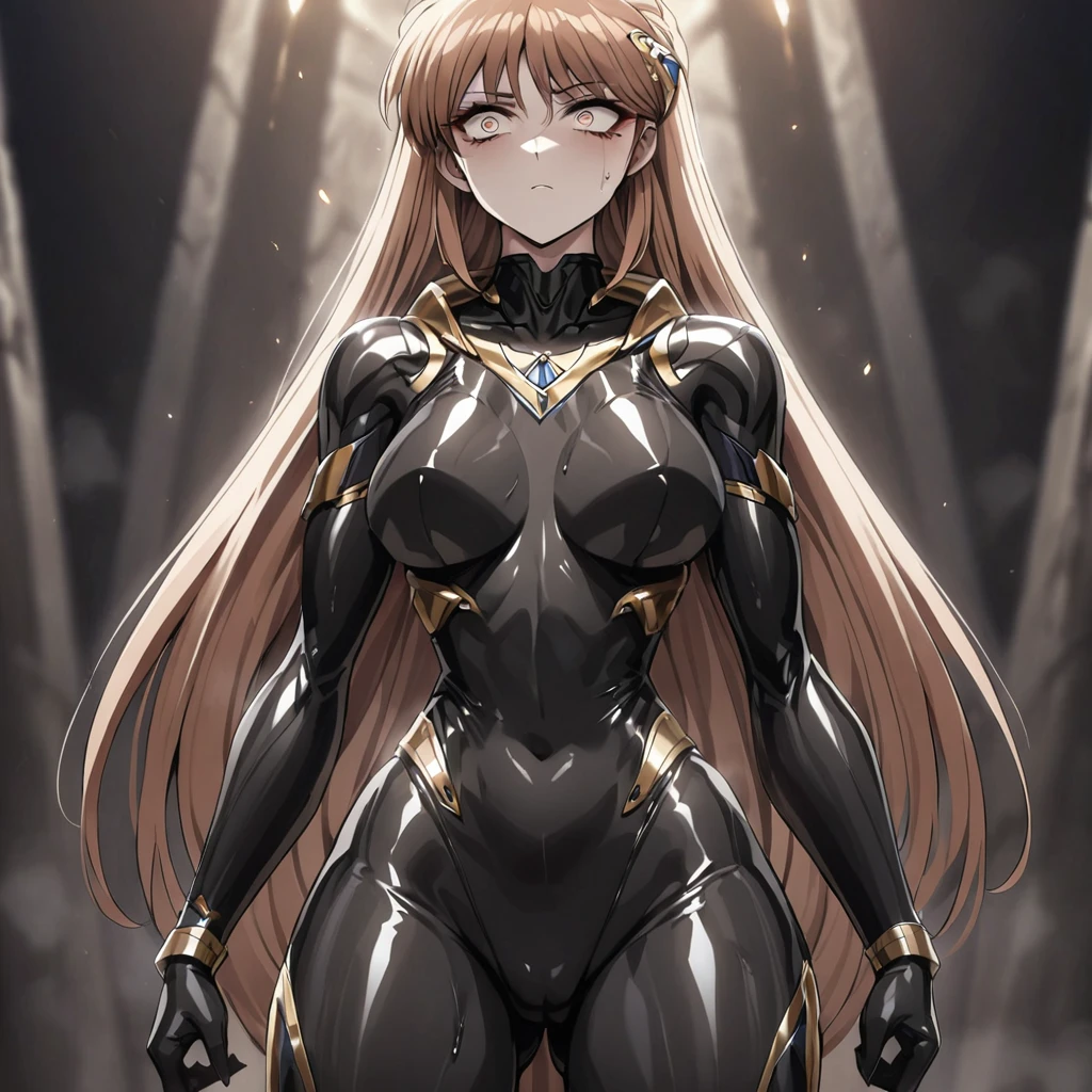 ((Highest quality)), ((masterpiece)), (detailed), (Perfect Face)、The woman is Princess Leona, with light brown, medium-long hair, wearing a black shiny bodysuit, standing upright, and becoming an evil fighter.、The woman has been brainwashed and is expressionless, with rape eyes