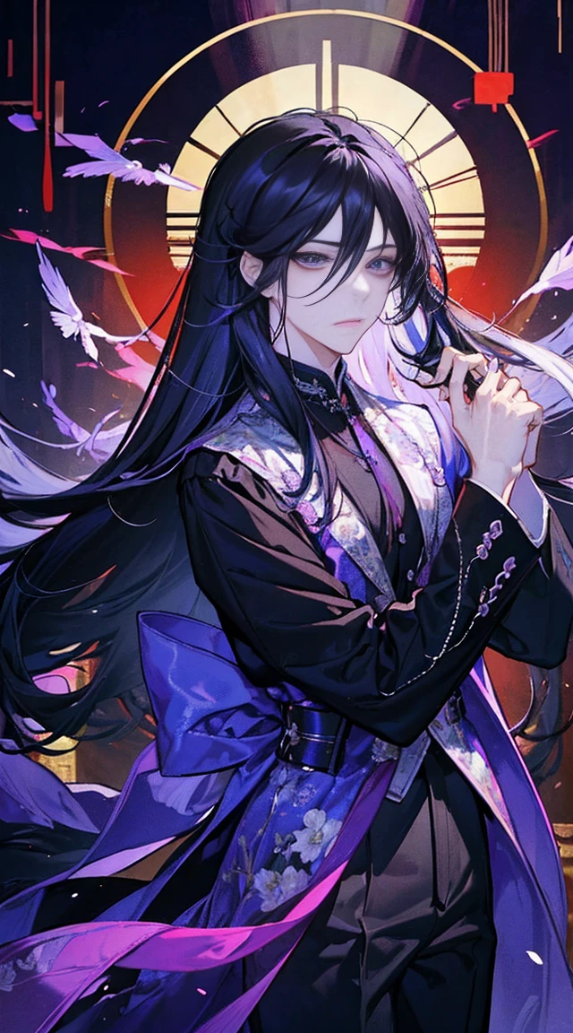 （（Best quality））， （（masterpiece）），（（Practical）），（detailed）（whole body照片：1.5），(masterpiece, best quality, illustration), 1 , 1 Adult male，26 years old，Black long hair，Tall，enchanting，flirtatious，Male and female，身材Tall，Man who looks like a woman，emaciated，披散的Black long hair，Flowing long hair，Crazy expression，Scarlet eyes flashing red light，Purple Eyeshadow,Black purple robe (Robe decorated with crow feathers),It&#39;s a waist-baring tights inside，宽大的antiquity袍子，The robe is embroidered with a black python , whole body, (Fighting action poses),whole body的图片，whole body 身材匀称，No Expression，Easy，Lazy posture (Magic Effects: 1.3), (Flowing clothing: 1.2)，China风，Xian Xia，极其detailed，Highest quality，8K，Highest definition，antiquity，Magic Cultivator，The Grandmaster of Demonic Cultivation，antiquityXian Xia，China，antiquityChina，Robe corset，Martial Arts，Xian Xia，Fantasy style，antiquity玄幻，antiquity长袍