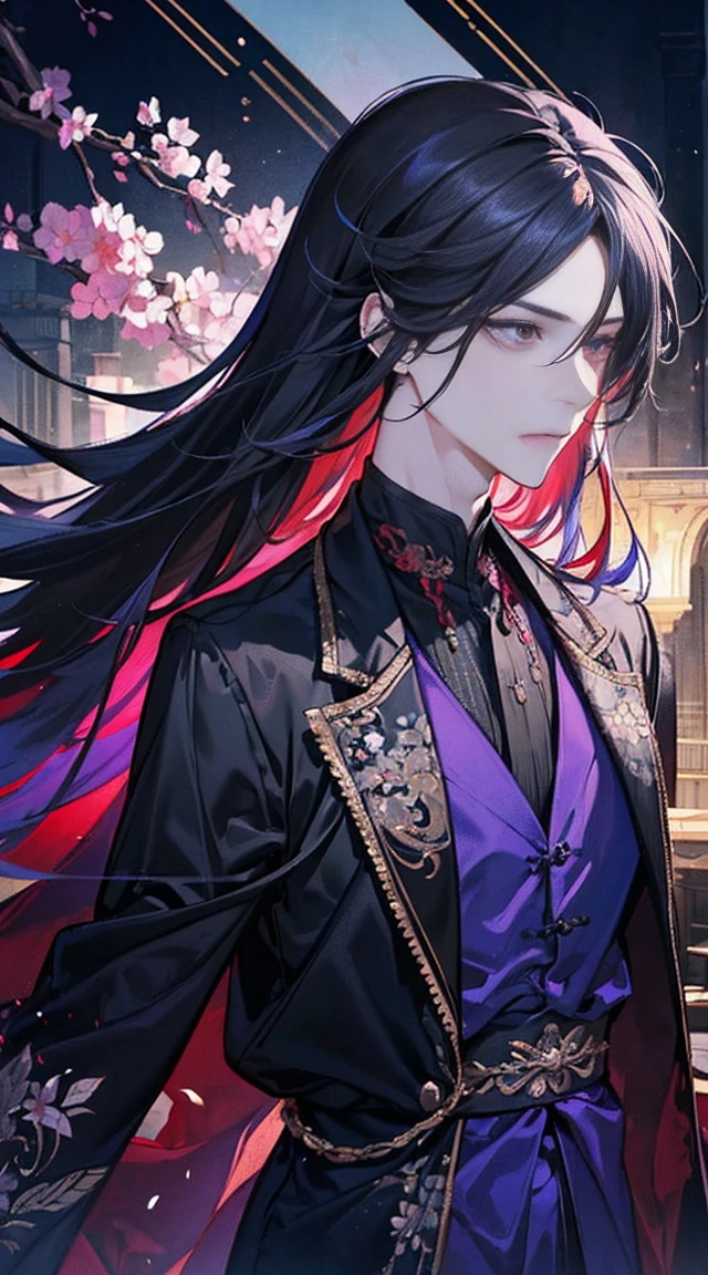 ((Best quality)), ((masterpiece)),((Practical)),(detailed)(whole body照片:1.5),(masterpiece, best quality, illustration), 1 , 1 Adult male,26 years old,Black long hair,Tall,enchanting,flirtatious,Male and female,身材Tall,Man who looks like a woman,emaciated,披散的Black long hair,Flowing long hair,Crazy expression,Scarlet eyes flashing red light,Purple Eyeshadow,Black purple robe (Robe decorated with crow feathers),It's a waist-baring tights inside,宽大的antiquity袍子,The robe is embroidered with a black python , whole body, (Fighting action poses),whole body的图片,whole body 身材匀称,No Expression,Easy,Lazy posture (Magic Effects: 1.3), (Flowing clothing: 1.2),China风,Xian Xia,极其detailed,Highest quality,8K,Highest definition,antiquity,Magic Cultivator,The Grandmaster of Demonic Cultivation,antiquityXian Xia,China,antiquityChina,Robe corset,Martial Arts,Xian Xia,Fantasy style,antiquity玄幻,antiquity长袍