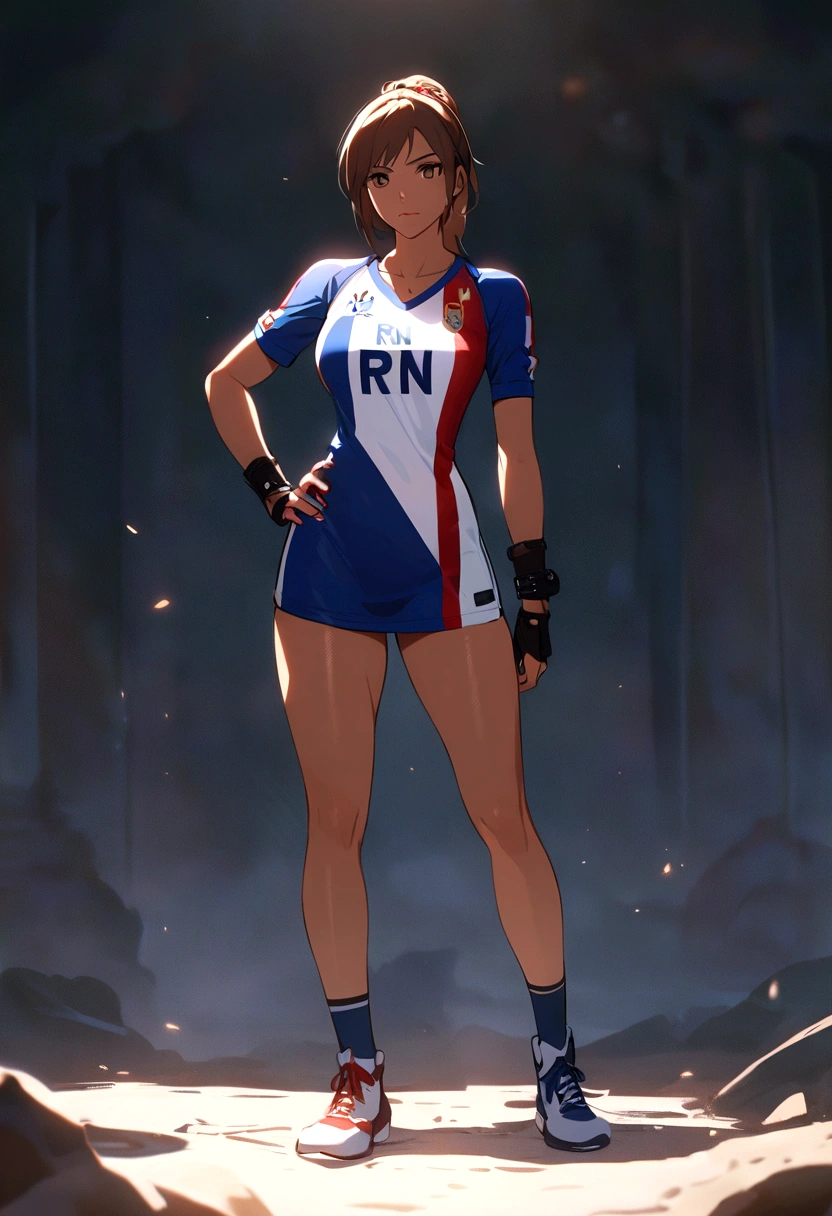 Lara Croft wearing the French jersey with the word (RN) written on it, French flag at her feet