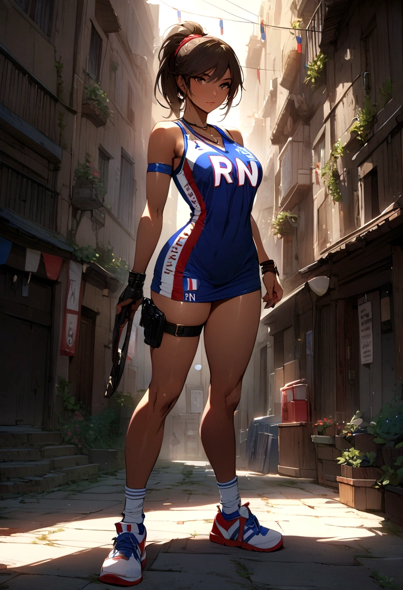 Lara Croft wearing the French jersey with the word (RN) written on it, French flag at her feet